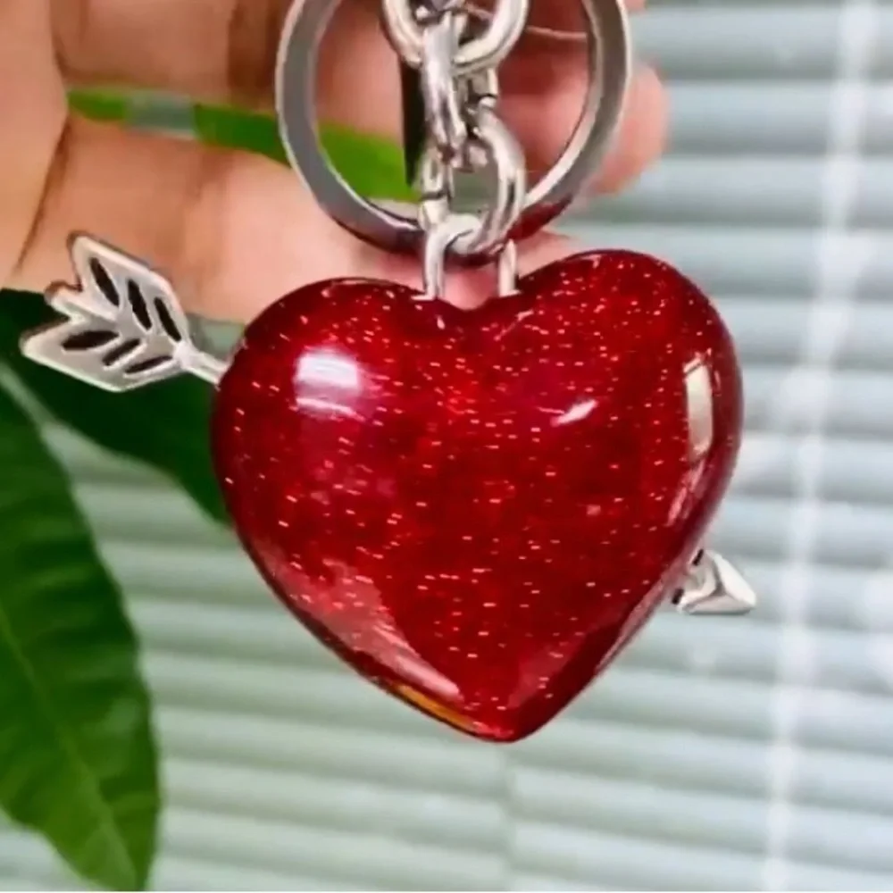 Sparkle Red Heart purse charm Keychain with Arrow and Silver hardware